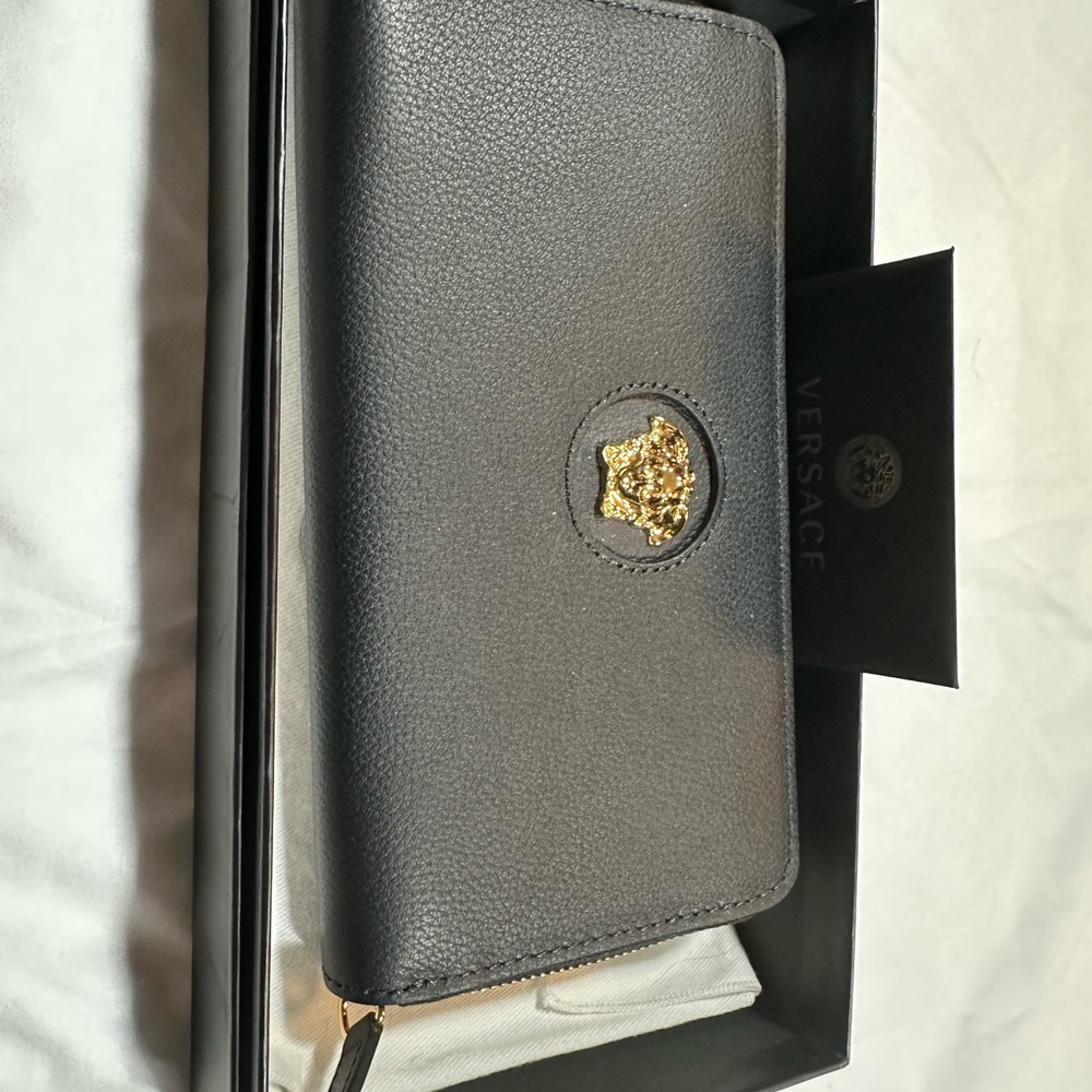 Versace Black Leather Wallet with Gold Emblem